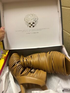 Vince Tan Strappy Stacked-Heel Sandals